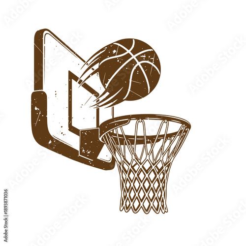 Vintage Grunge texture Brown basketball going through hoop with net on backboard  sports equipment and athletic game