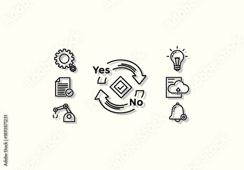 Vector Ilustration Icon Concept Decision-Making Process with YesNo Options and Workflow Automation.