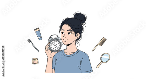 Young Woman Holding Alarm Clock Surrounded by Morning Routine Grooming Icons Flat Vector Illustration