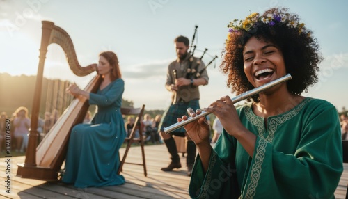 Harmony of Melodies: A group of musicians plays various instruments, a harp, a flute, and a bagpipe, bringing a rich tapestry of sound.