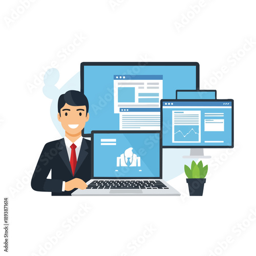 Businessman analyzing data on multiple screens