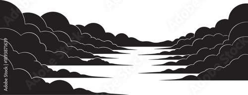 Serene black and white landscape with calm water reflection