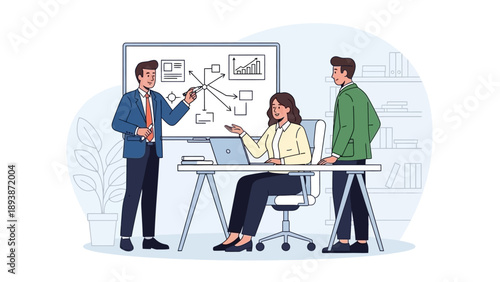 Three Professionals Discussing Project on Whiteboard.