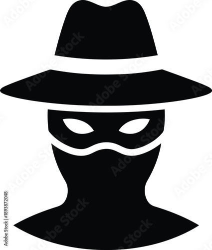 Black silhouette of a person wearing a hat and a mask