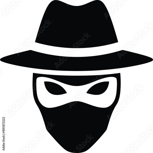 Icon of a spy or hacker wearing a fedora hat and a mask covering the lower part of the face, black silhouette