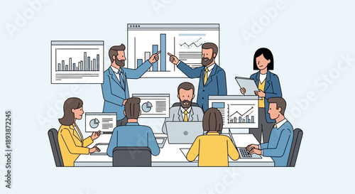 Business Team Meeting with Charts and Graphs.