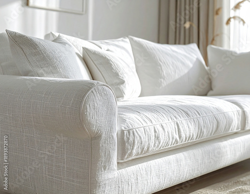 Comfortable white sofa with plush cushions bathed in soft natural light