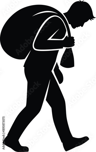 Black silhouette of a man walking with a large backpack on his back