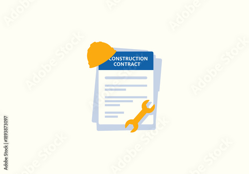 Vector Ilustration Icon Concept Construction Contract Document with Hard Hat and Wrench Illustration.