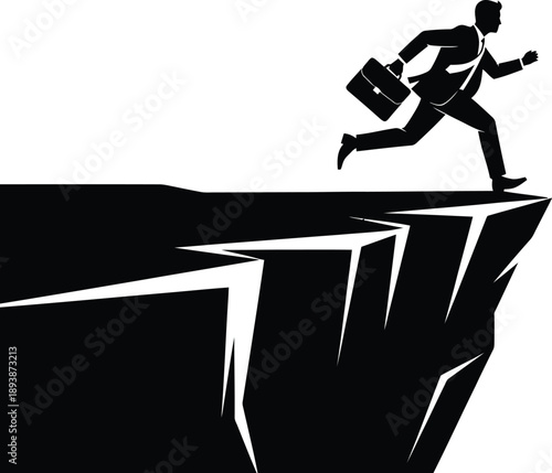 Businessman running on edge of cliff with briefcase in hand