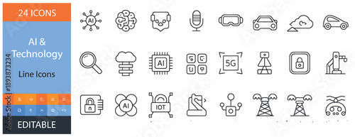 artificial intelligence and future technology line icon set with chatbot, machine learning, 5g, data science, thin line vector design for digital automation.