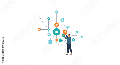 Vector illustration of a man interacting with a network of colorful geometric shapes