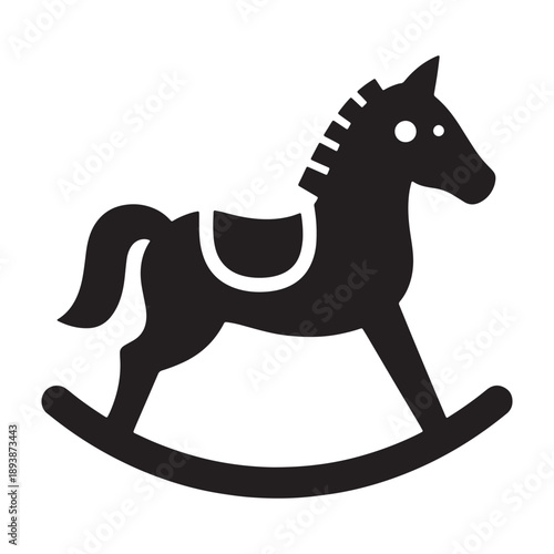A black silhouette of a rocking horse against a white background vector shilhoutte icon use as a symbol, web graphic design, and infographic icon