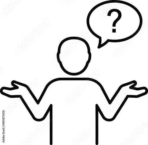 A simple line drawing of a person with a questioning expression and a speech bubble containing a question mark