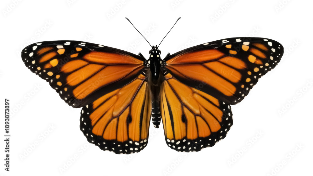Fototapeta premium Isolated Monarch Butterfly on plain background, beautiful insect with orange and black wings.