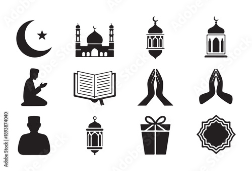 Minimalist islamic silhouettes pack containing moon mosque lantern quran prayer and gift box icons design