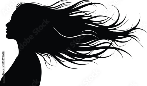 Silhouette of a woman with long flowing hair blowing in the wind