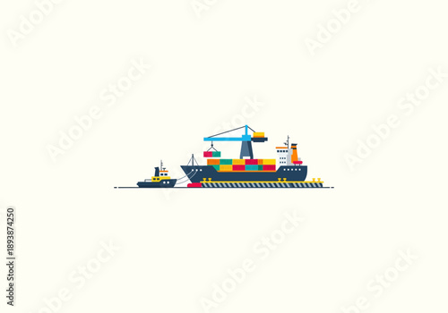 Vector Ilustration Icon Concept Container Ship Unloading with Crane and Tugboat Illustration.