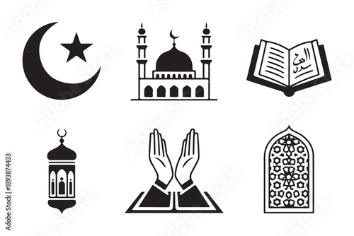 Islamic religion icon set. symbols of islam, including mosque, quran, prayer hands, and prayer rug