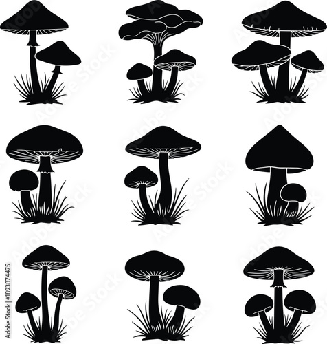Mushroom silhouette set with wild forest fungi shapes, botanical nature elements, black vector illustration collection isolated on white background
