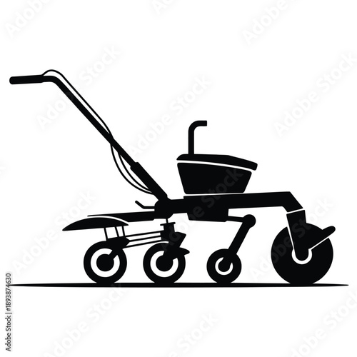 Manual Walk-Behind Garden Cultivator and Soil Tiller Machine - Agricultural Farming Tool Vector Silhouette Icon