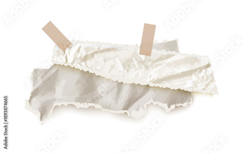 Retro realistic torn newspaper note vector. Tattered piece texture features wrinkled rip, sticky adhesive tape for old memo collage designs. Cardboard faded teture