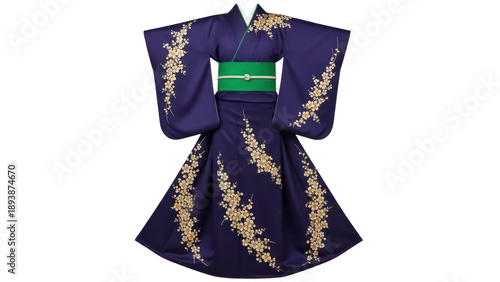 Foto Isolated silk kimono robe with yellow floral pattern and green belt for women fa