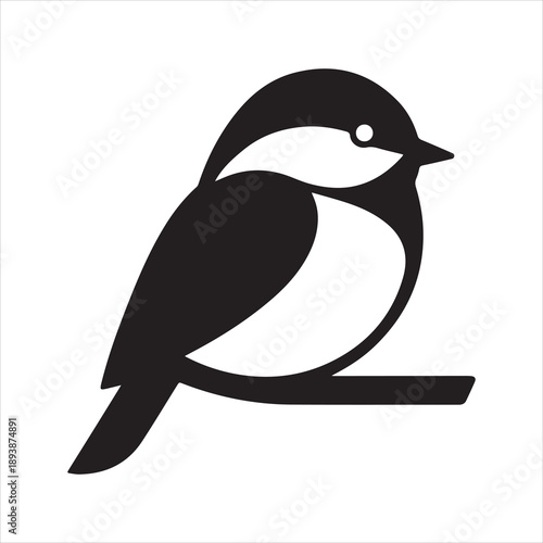 Silhouette small bird chickadee perched on branch simple design Vector illustration