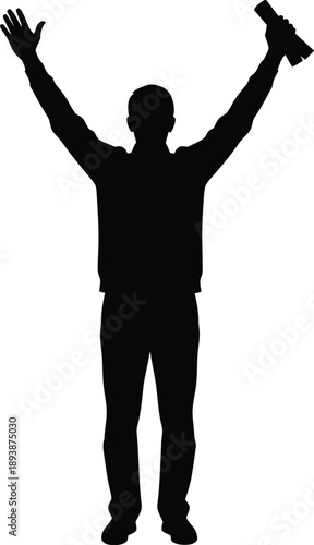 A silhouette of a man standing with arms raised in celebration