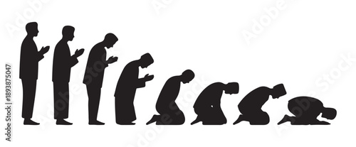 Stages of muslim man prayer, step by step silhouette of a man performing salah or namaz worship