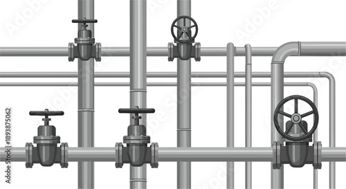 Industrial Pipe Network with Metal Tubes and Control Valves System Isolated on White Background Technical View