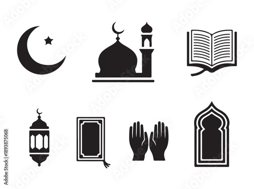 Collection of islamic symbols, crescent moon, mosque, quran, lantern, prayer mat, and praying hands