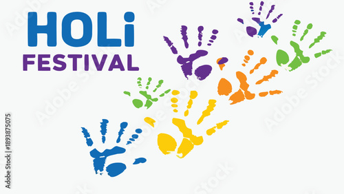 Vibrant holi festival artwork with multicolored handprints and text on white background