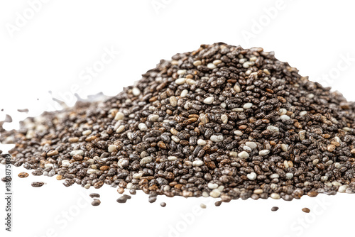 Pile of chia seeds, various shades of brown, beige, and white
