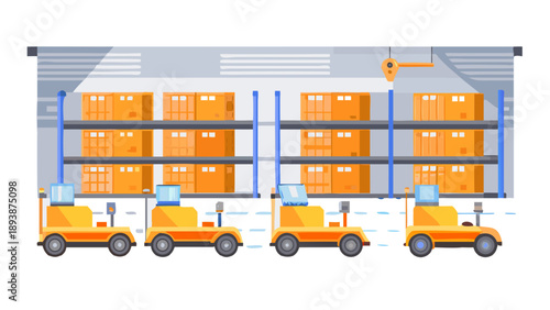 Automated robots moving shelves in a smart warehouse.