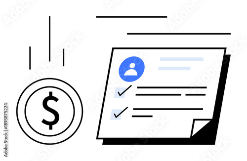 Dollar coin alongside a document with user profile and checklist highlights financial management. Ideal for budget planning, savings tracking, income reports, financial goals, tax preparation