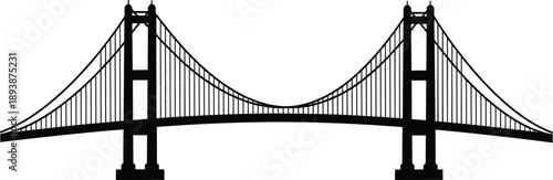 Minimalist suspension bridge silhouette illustration isolated on white background, modern infrastructure design concept, architectural landmark graphic, transportation engineering symbol