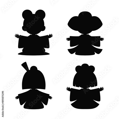 Four Black Silhouettes of Children with Different Hairstyles