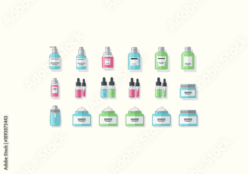 Vector Ilustration Icon Concept Cosmetic Products Collection - Diverse Bottles and Jars for Skincare and Beauty.