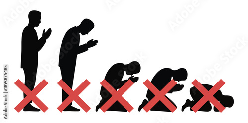 Islamic prayer positions with red cross marks indicating forbidden actions in salah prayer movement