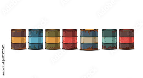 Row of Seven Rusty and Weathered Multi Colored Oil Barrels Isolated on White Background Industrial Waste