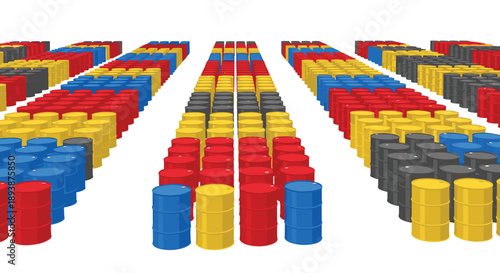 Perspective View of Multiple Rows of Colorful Oil Drums in Yellow Blue and Red Colors Industrial Storage Concept