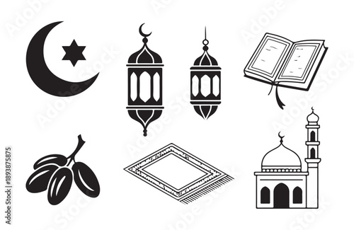 Black silhouette Islamic symbols moon star mosque lanterns holy book prayer mat dates