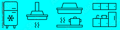 Line icon set of kitchen appliances and furniture including refrigerator, stove hood, cookware, cabinets and sink.