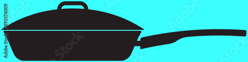Simple silhouette illustration of a frying pan with lid on blue background.