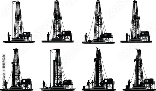 Silhouette oil drilling rig operations with workers, industrial petroleum extraction equipment, land based drilling tower set isolated on white background