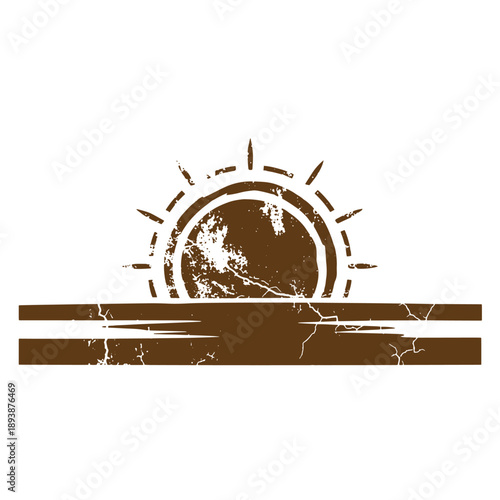 Vintage Grunge texture Brown grungy sun rising over horizon with cracked lines  distressed texture