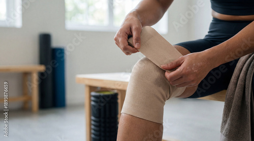 Person applying a beige knee brace in a bright rehab or workout space, with a foam roller and bench in the background.