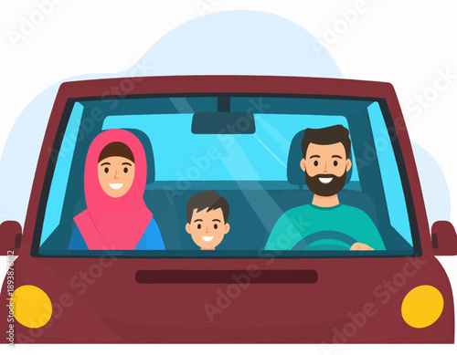 Family of three driving in a red car on a sunny day from a front viewpoint