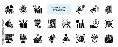 Marketing Strategy Icon set Collection in Solid Glyph Style. marketing, strategy, business, research, branding